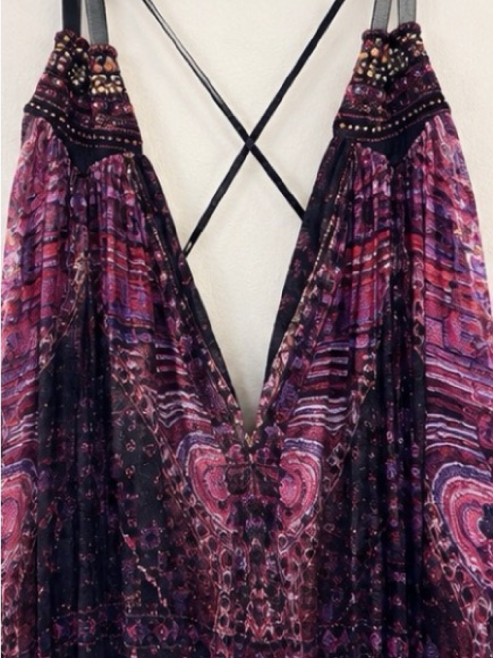 CAMILLA Plum Black Printed Pleated Maxi Dress Halter V-Neck M/L - Picture 4 of 8